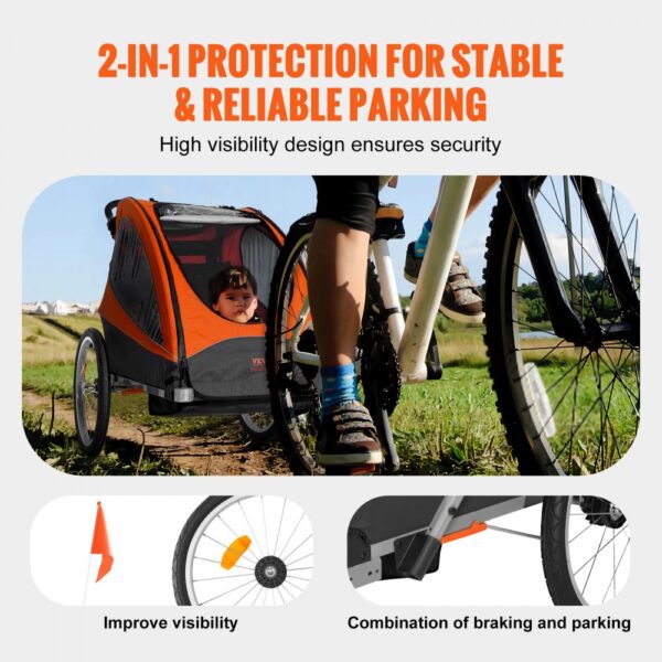 VEVOR Bike Trailer for Toddlers, Kids, Double Seat, 120 lbs Load, 2-In-1 Canopy Carrier Converts to Stroller, Tow Behind Foldable Child Bicycle Trailer with Universal Bicycle Coupler, Orange and Gray