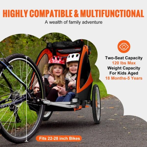 VEVOR Bike Trailer for Toddlers, Kids, Double Seat, 120 lbs Load, 2-In-1 Canopy Carrier Converts to Stroller, Tow Behind Foldable Child Bicycle Trailer with Universal Bicycle Coupler, Orange and Gray