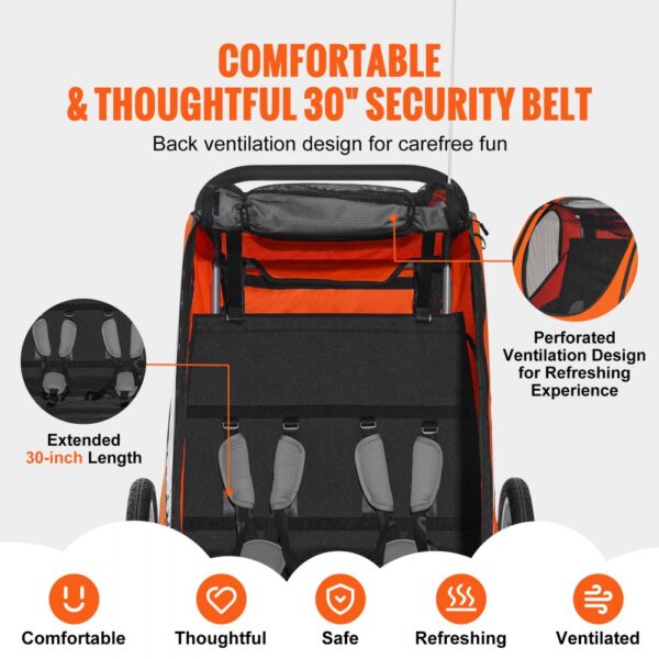 VEVOR Bike Trailer for Toddlers, Kids, Double Seat, 120 lbs Load, 2-In-1 Canopy Carrier Converts to Stroller, Tow Behind Foldable Child Bicycle Trailer with Universal Bicycle Coupler, Orange and Gray