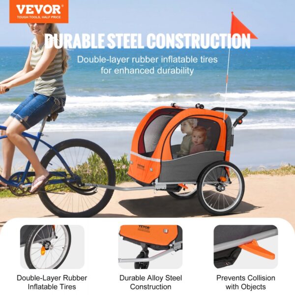 VEVOR Bike Trailer for Toddlers, Kids, Double Seat, 100 lbs Load, 2-In-1 Canopy Carrier Converts to Stroller, Tow Behind Foldable Child Bicycle Trailer with Universal Bicycle Coupler, Orange and Gray