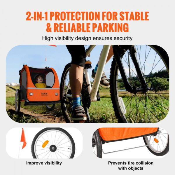 VEVOR Bike Trailer for Toddlers, Kids, Double Seat, 100 lbs Load, 2-In-1 Canopy Carrier Converts to Stroller, Tow Behind Foldable Child Bicycle Trailer with Universal Bicycle Coupler, Orange and Gray