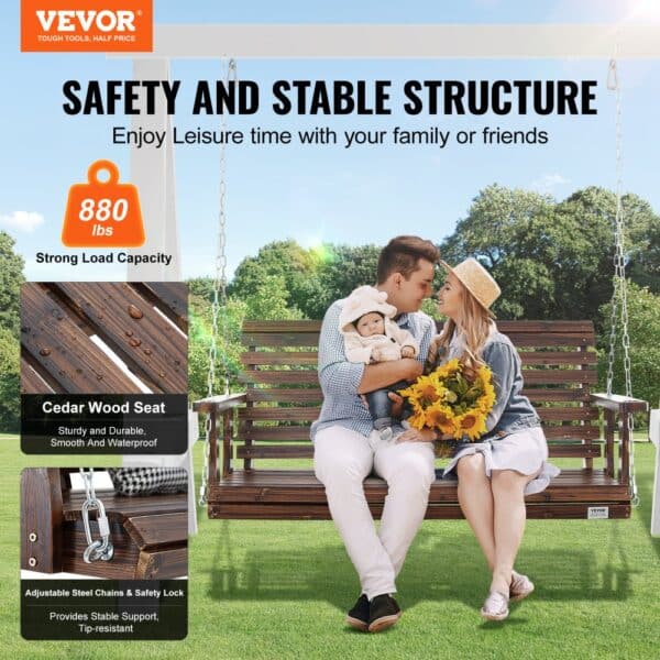 VEVOR wooden porch swing - strong load capacity, cedar wood seat, adjustable steel chains for stability.