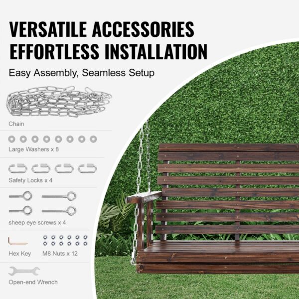 VEVOR wooden porch swing with installation accessories shown, including chains, washers, locks, and tools.