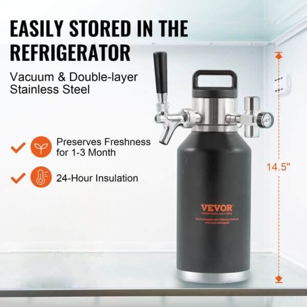 VEVOR Beer Growler Tap System, 64Oz 1.89L Mini Keg, 304 Stainless Steel Pressurized Beer Growler, Keg Growler with Pressure Display, CO2 Regulator Faucet, Leak-Proof Ring For Draft Homebrew Craft Beer