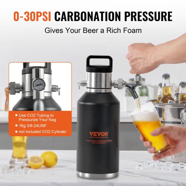 VEVOR Beer Growler Tap System, 64Oz 1.89L Mini Keg, 304 Stainless Steel Pressurized Beer Growler, Keg Growler with Pressure Display, CO2 Regulator Faucet, Leak-Proof Ring For Draft Homebrew Craft Beer