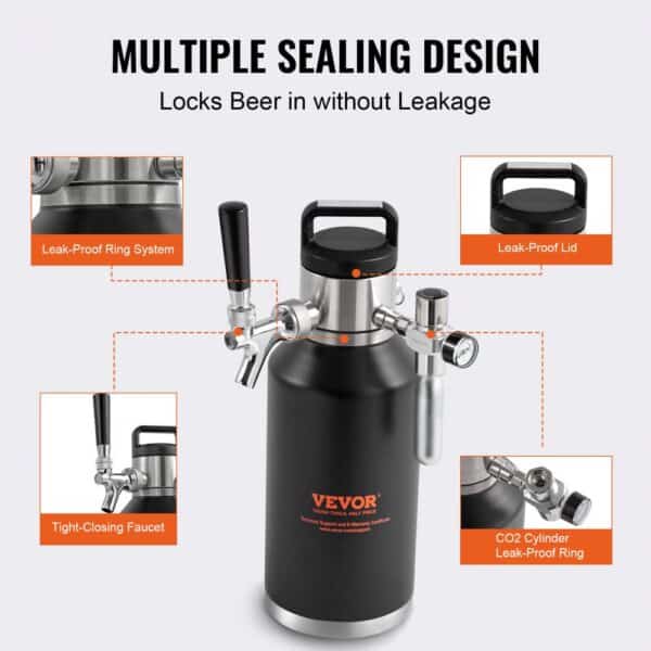 VEVOR Beer Growler Tap System, 64Oz 1.89L Mini Keg, 304 Stainless Steel Pressurized Beer Growler, Keg Growler with Pressure Display, CO2 Regulator Faucet, Leak-Proof Ring For Draft Homebrew Craft Beer