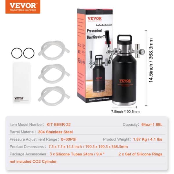 VEVOR Beer Growler Tap System, 64Oz 1.89L Mini Keg, 304 Stainless Steel Pressurized Beer Growler, Keg Growler with Pressure Display, CO2 Regulator Faucet, Leak-Proof Ring For Draft Homebrew Craft Beer