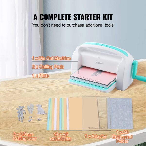 VEVOR die cutting machine starter kit on table with cutting pads, plate, dies, cardstock, adapter, and folder.