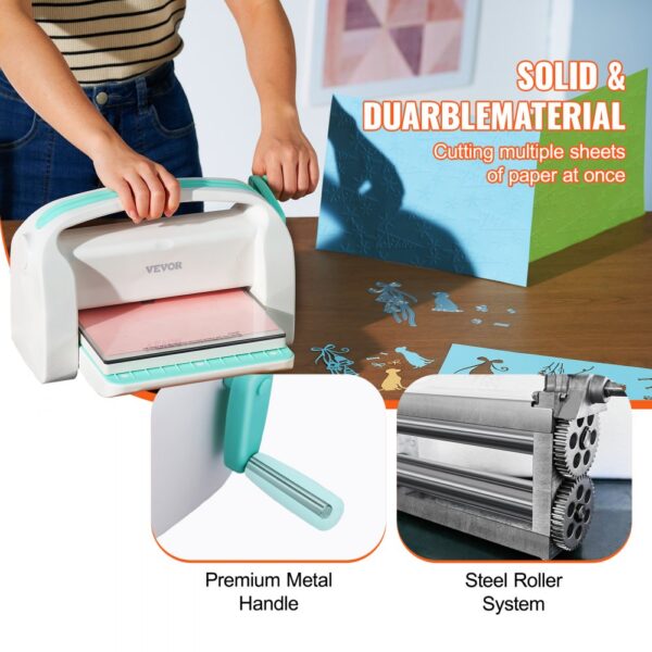 person operating VEVOR die cutting machine with premium metal handle, cutting designs on paper.