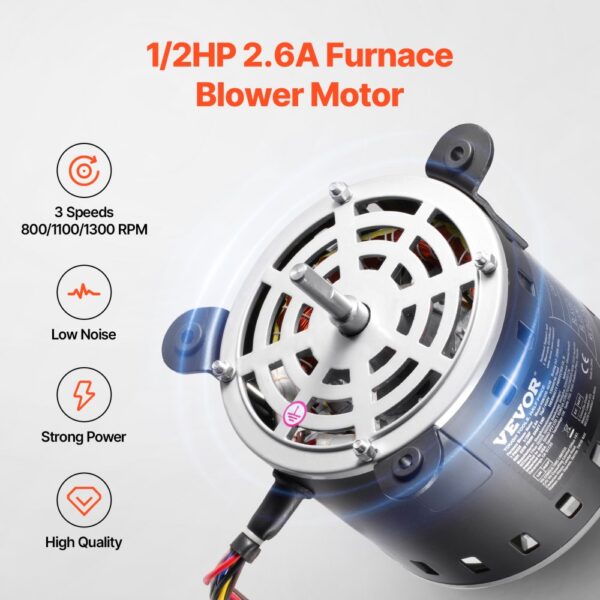 VEVOR 1/2HP Furnace Blower Motor 220V 2.6A 1300RPM 3 Speeds 15μF/450V Capacitor