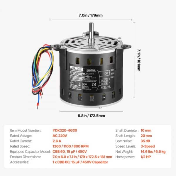 VEVOR 1/2HP Furnace Blower Motor 220V 2.6A 1300RPM 3 Speeds 15μF/450V Capacitor