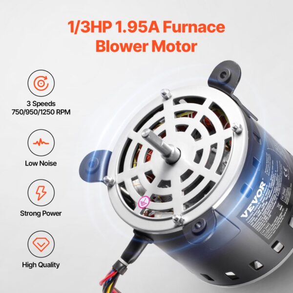 VEVOR 1/3HP Furnace Blower Motor 220V 1.95A 1250RPM 3-Speed 15μF/450V Capacitor