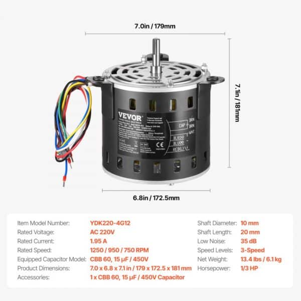 VEVOR 1/3HP Furnace Blower Motor 220V 1.95A 1250RPM 3-Speed 15μF/450V Capacitor