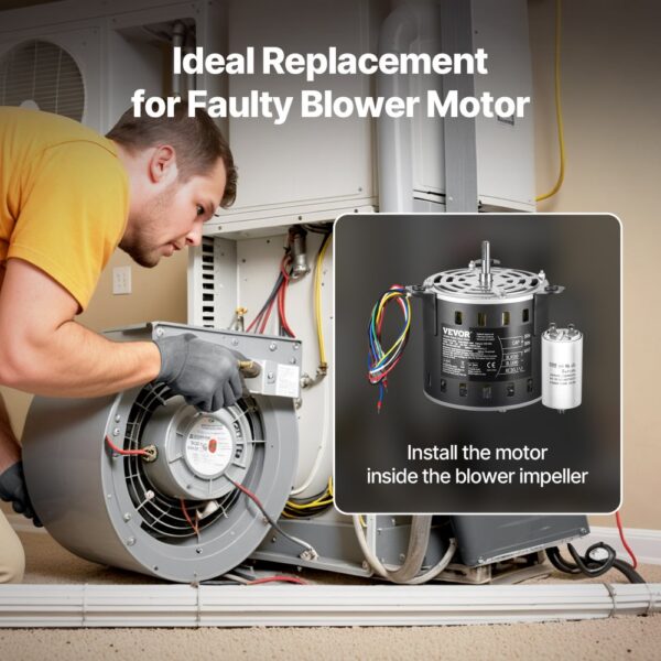 VEVOR 1/5HP Furnace Blower Motor 220V 1.45A 1100RPM 3-Speed 8μF/450V Capacitor