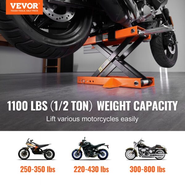 VEVOR motorcycle lift with 1100 lbs weight capacity lifting a bike in a garage. supports 250-800 lbs bikes.