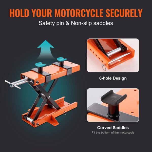 VEVOR motorcycle lift with safety pin, non-slip saddles, 6-hole design, and curved saddles.