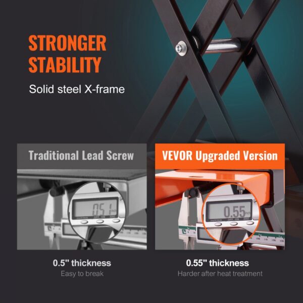 VEVOR motorcycle lift shows solid steel x-frame with 0.6" thickness for stronger stability.