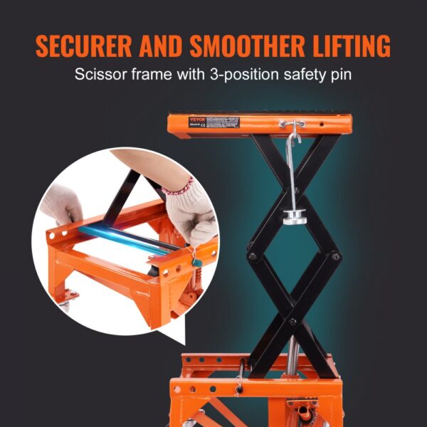 VEVOR hydraulic motorcycle lift with scissor frame and 3-position safety pin for smoother lifting.