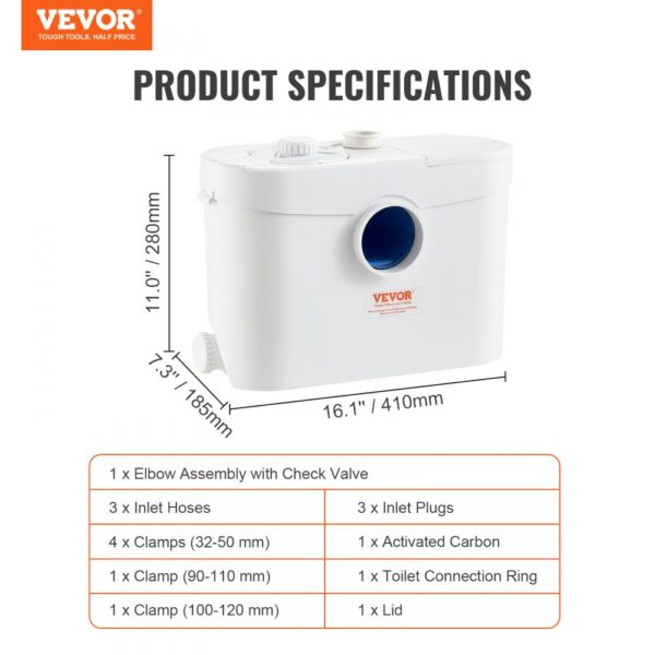 VEVOR Macerator Disposal Pump Basement Macerator Pump 700W, 9600l/h Flow, 10M Discharge Head 99% Effective Antimicrobial with 3 Water Inlets for Toilet, Basement, Kitchen, Sink, Bathtub, Sewage Disposal, Dishwashing Machine