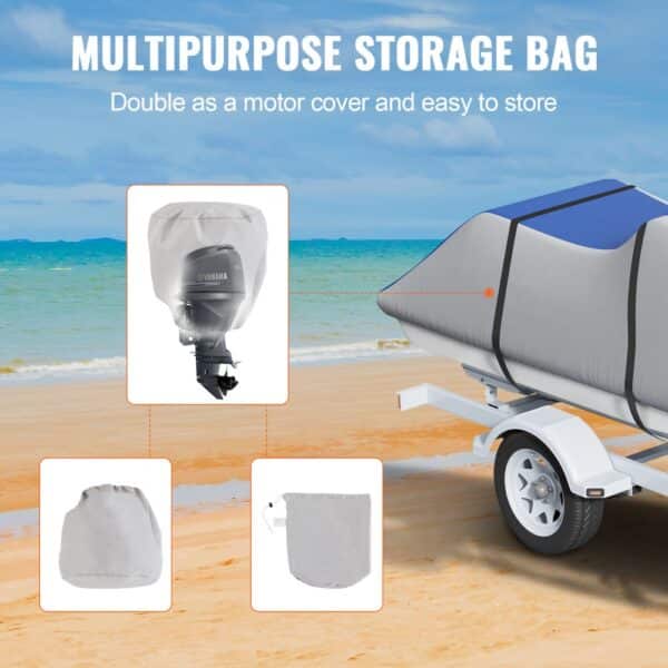 multipurpose storage bag on beach, VEVOR jet ski cover protecting a jet ski and motor, storage pouches.