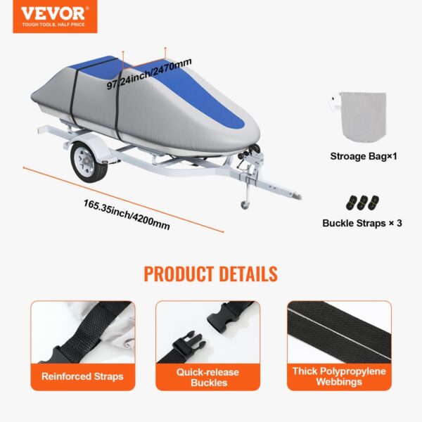 VEVOR jet ski cover on trailer with reinforced straps, quick-release buckles, storage bag, and buckle straps.