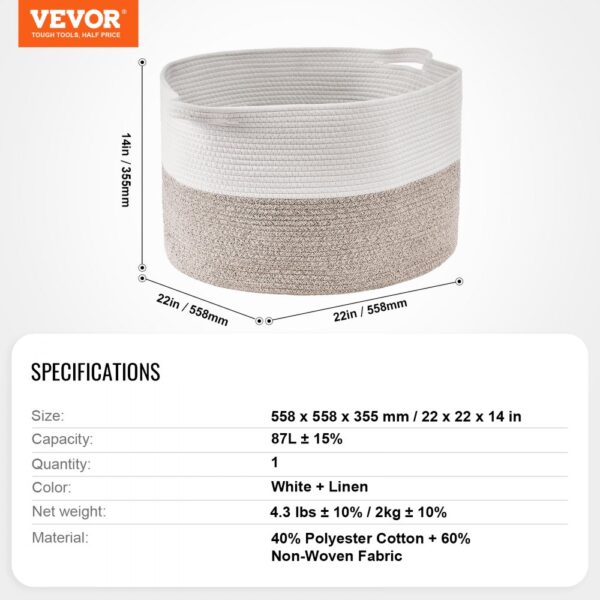 VEVOR Cotton Rope Storage Basket 87L Woven Blanket Basket 20 x 20 x 14 in