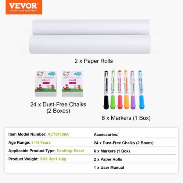 VEVOR Easel Accessory Set Chalk & Markers & Paper Rolls 32PCS for Tabletop Easel