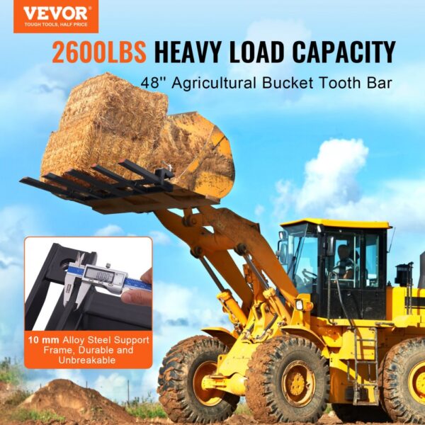 VEVOR clamp on debris forks lifting hay bales with an agricultural bucket tooth bar, 2600 lbs capacity.