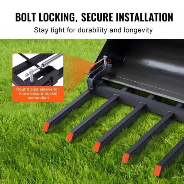 VEVOR clamp on debris forks; bolt locking for secure installation on green grass.