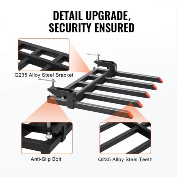 VEVOR clamp on debris forks with q235 alloy steel bracket, anti-slip bolt, and alloy steel teeth.