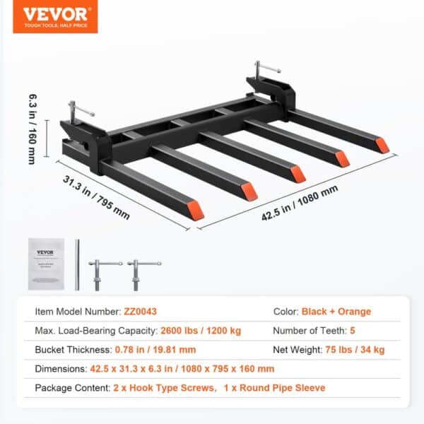 VEVOR clamp on debris forks, black and orange, dimensions 42.5 x 31.3 x 6.3 in, load capacity 2600 lbs.