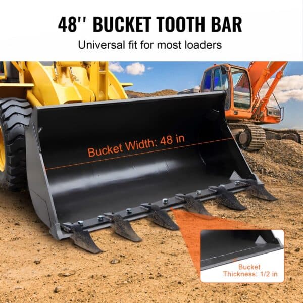 48" VEVOR bucket tooth bar for loaders, 48 in wide bucket, 1/2 in thick, on a construction site.