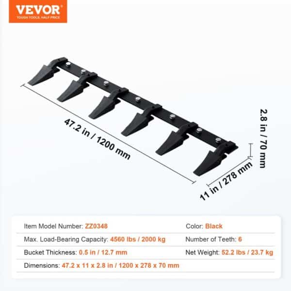 VEVOR bucket tooth bar with 6 teeth, black, dimensions 47.2x11x2.8 in, 4560 lbs capacity, model zz0348