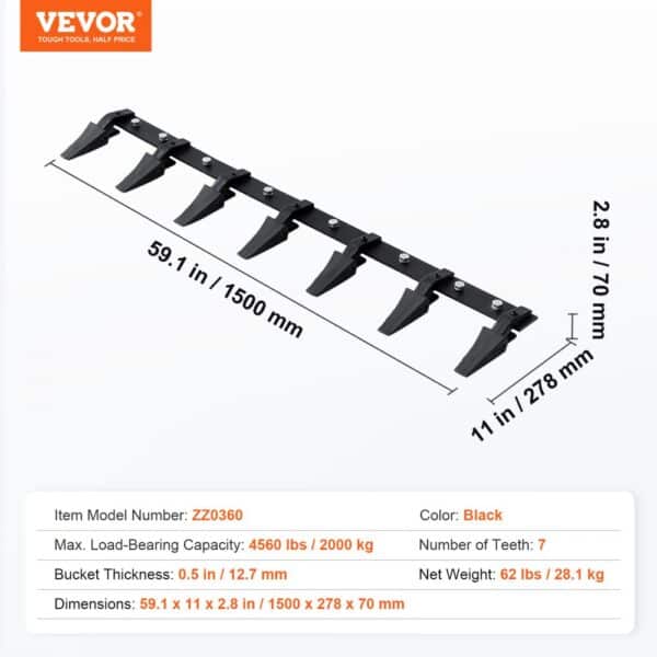 VEVOR Bucket Tooth Bar, 60'', Heavy Duty Tractor Bucket 7 Teeth Bar for Loader Tractor Skidsteer, 4560 lbs Load-Bearing Capacity Bolt On Design, for Efficient Soil Excavation and Bucket Protection