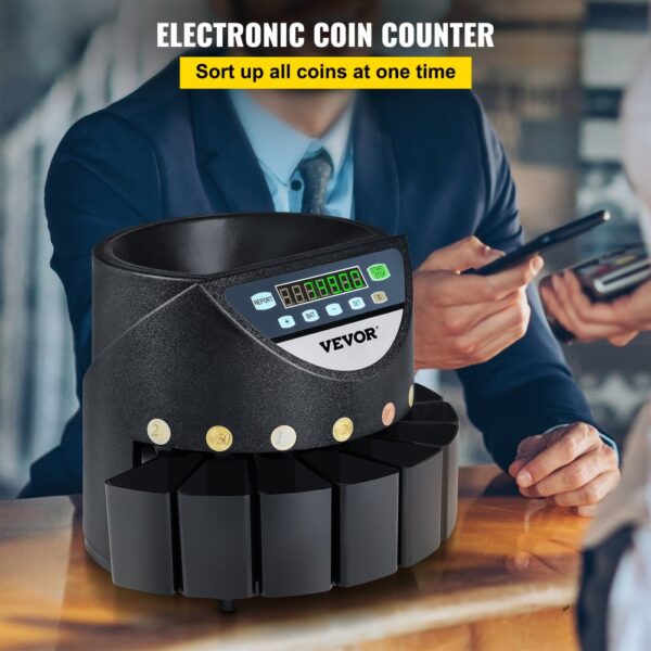 VEVOR Euro Coin Counter Sorter 500-1000 Coins Electronic Automatic EUR Coin Counting Machine 300 Coins Per Minute with 8 Coin Drawers for School Shop Bank