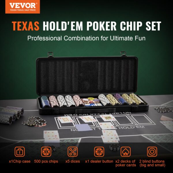 VEVOR poker chip set with 500 chips, 2 decks of cards, 5 dice, and dealer buttons on a poker table.