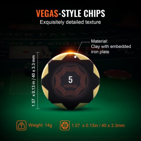 VEVOR poker chip set with clay chips, embedded iron plate, 1.57 x 0.13 in, 14g weight, detailed texture.