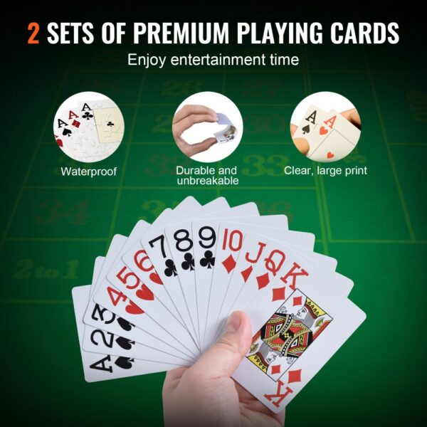 two sets of premium playing cards, waterproof and durable, with clear large print in VEVOR poker chip set.