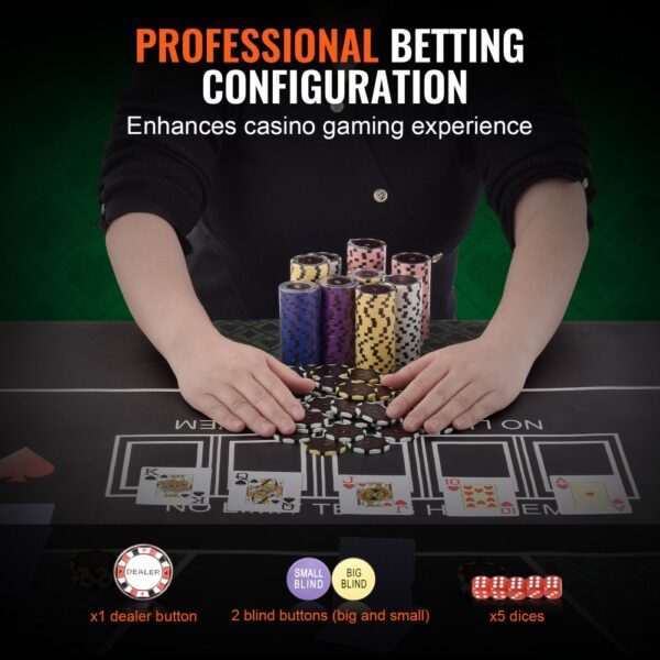 professional betting setup with colorful chips, playing cards, and buttons to enhance the casino experience.