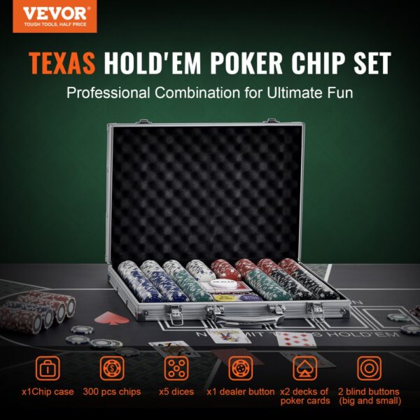 VEVOR poker chip set with case, 300 chips, 2 decks of cards, 5 dice, dealer button, and blind buttons.