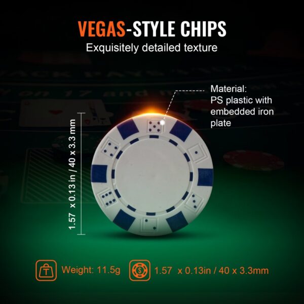 VEVOR poker chip set featuring vegas-style chips with ps plastic and iron plate, 1.57 in diameter.