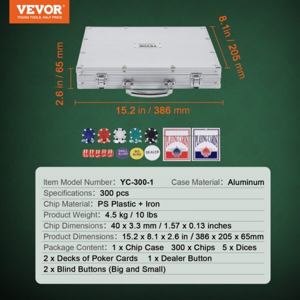 VEVOR poker chip set, 300 pcs in aluminum case with playing cards and dealer buttons.