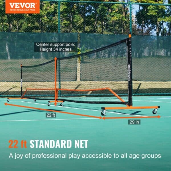 VEVOR pickleball net set on a court with measurements and a background of trees and fencing.