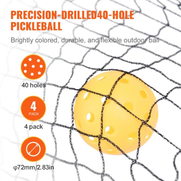 yellow pickleball with 40 holes in a net, details show four-pack and size 72mm. VEVOR pickleball net set.