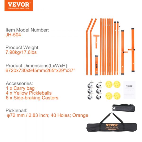 VEVOR pickleball net set in orange, with balls, carry bag, and side-braking casters included.