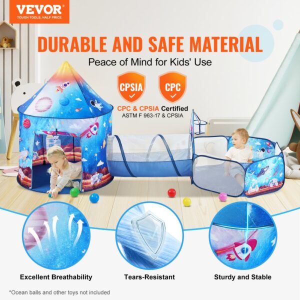 VEVOR kids play tent with tunnel, showcasing durable and safe material, excellent breathability, and tear-resistance.