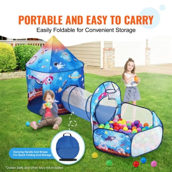 VEVOR kids play tent with ball pit and tunnel, easily foldable, portable, and space-themed, shown in a backyard.