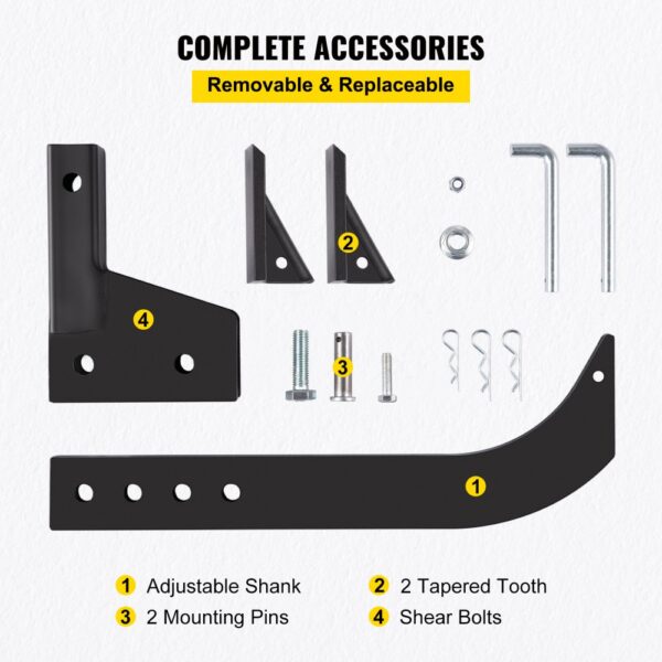 complete accessories of VEVOR hitch mounted ripper, including shank and shear bolts.