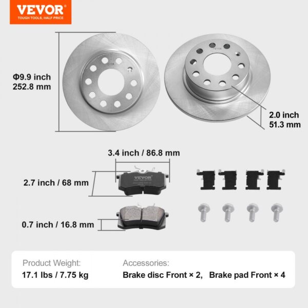 VEVOR Rear Brake Kit Brake Rotors Brake Pads Replacement Kit for Audi A3(8P)