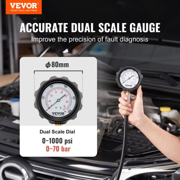 VEVOR diesel engine compression tester dual scale gauge, 0-1000 psi, 0-70 bar, accurate fault diagnosis.